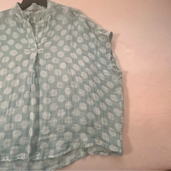 FLAX  Women’s Light Blue Polka Dot Linen Spartan Pullover Boxy Top Blouse Sz S - Picture 9 of 16